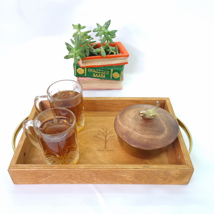 سینی پذیرایی چوب روس دسته طلایی